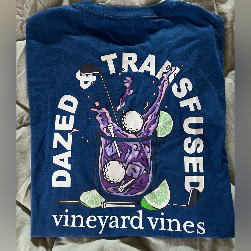 Vineyard Vines Navy Tee with Purple, White & Green Graphic